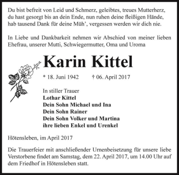 Traueranzeige von Karin Kittel  von Magdeburger Volksstimme