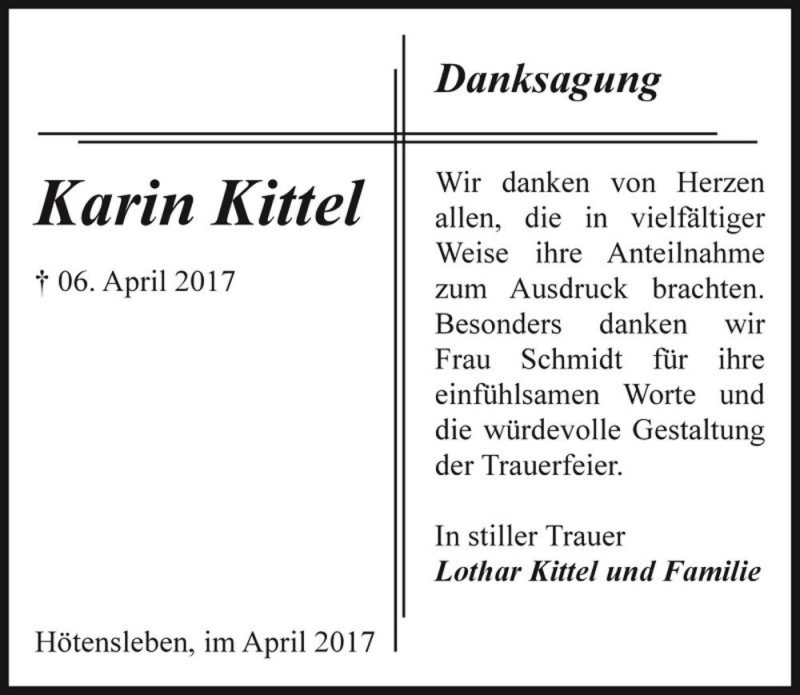  Traueranzeige für Karin Kittel  vom 29.04.2017 aus Magdeburger Volksstimme