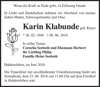 Traueranzeige von Karin Klabunde (geb. Kreye)  von Magdeburger Volksstimme