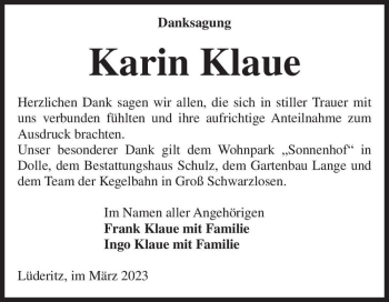 Traueranzeige von Karin Klaue  von Magdeburger Volksstimme