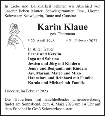 Traueranzeige von Karin Klaue (geb. Thormann)  von Magdeburger Volksstimme