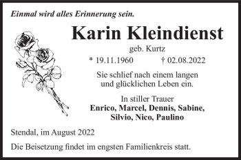 Traueranzeige von Karin Kleindienst (geb. Kurtz)  von Magdeburger Volksstimme