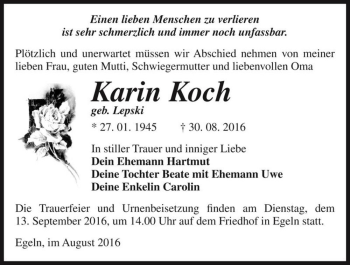 Traueranzeige von Karin Koch (geb. Lepski)  von Magdeburger Volksstimme