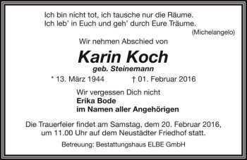 Traueranzeige von Karin Koch (geb. Steinemann)  von Magdeburger Volksstimme