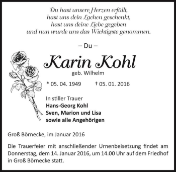 Traueranzeige von Karin Kohl (geb. Wilhelm)  von Magdeburger Volksstimme
