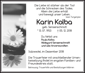 Traueranzeige von Karin Kolba (geb. Sensenschmidt)  von Magdeburger Volksstimme