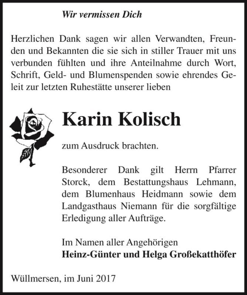  Traueranzeige für Karin Kolisch  vom 30.06.2017 aus Magdeburger Volksstimme