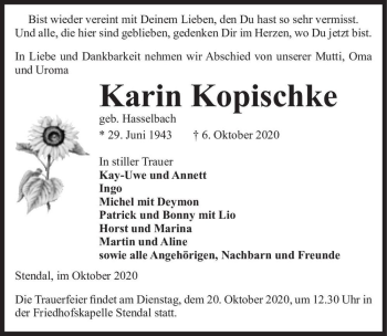 Traueranzeige von Karin Kopischke (geb. Hasselbach)  von Magdeburger Volksstimme