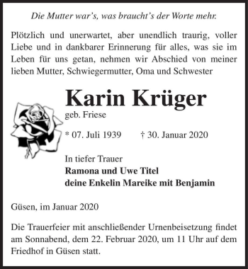 Traueranzeige von Karin Krüger (geb. Friese)  von Magdeburger Volksstimme