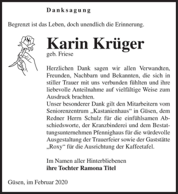 Traueranzeige von Karin Krüger (geb. Friese)  von Magdeburger Volksstimme