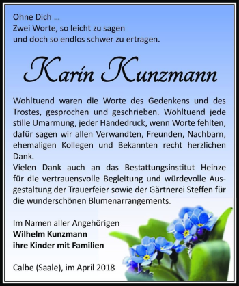 Traueranzeige von Karin Kunzmann  von Magdeburger Volksstimme