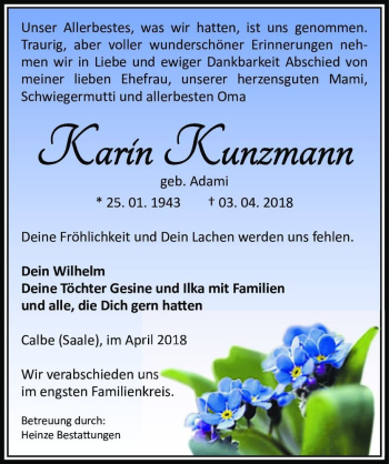 Traueranzeige von Karin Kunzmann (geb. Adami)  von Magdeburger Volksstimme
