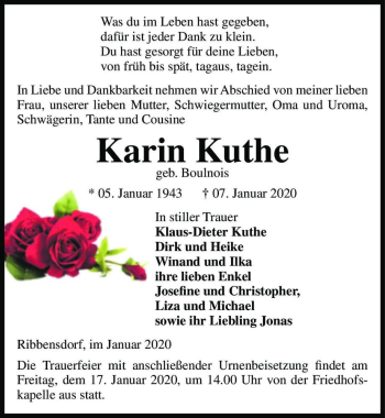 Traueranzeige von Karin Kuthe (geb. Boulnois)  von Magdeburger Volksstimme