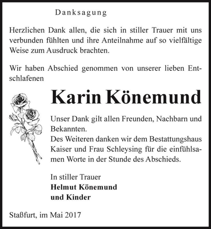  Traueranzeige für Karin Könemund  vom 06.05.2017 aus Magdeburger Volksstimme