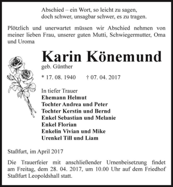 Traueranzeige von Karin Könemund (geb. Günther)  von Magdeburger Volksstimme