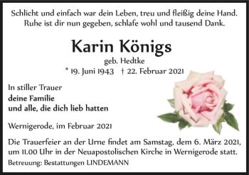 Traueranzeige von Karin Königs (geb. Hedtke)  von Magdeburger Volksstimme