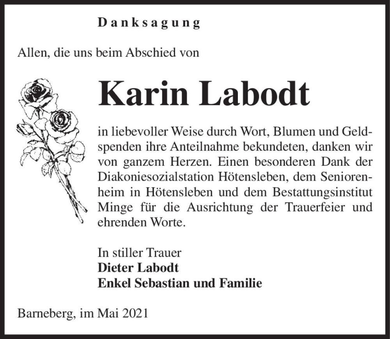  Traueranzeige für Karin Labodt  vom 29.05.2021 aus Magdeburger Volksstimme