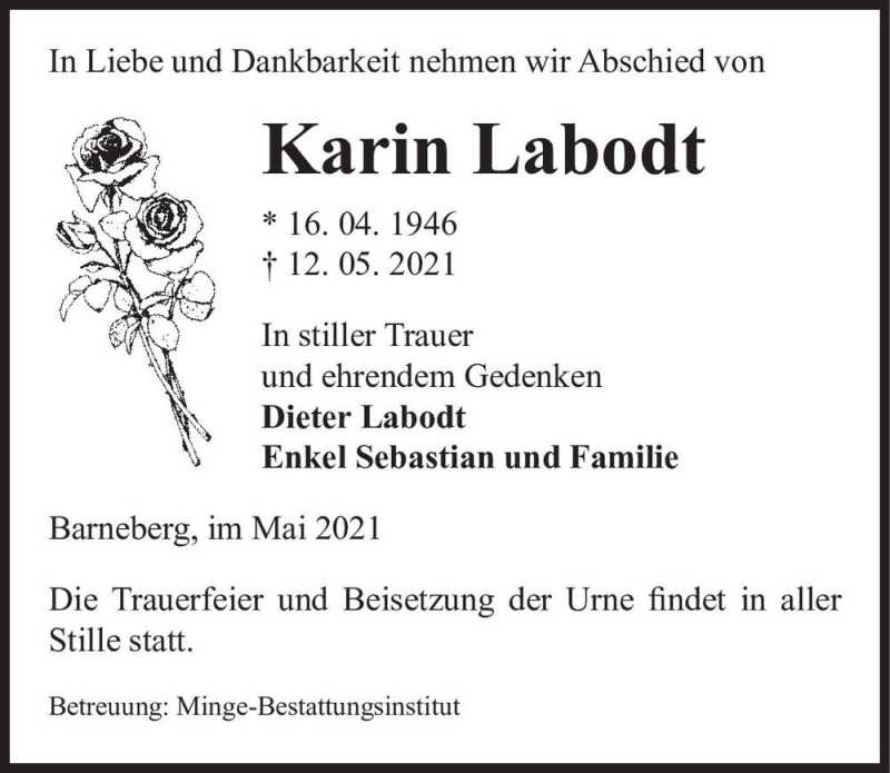  Traueranzeige für Karin Labodt  vom 19.05.2021 aus Magdeburger Volksstimme