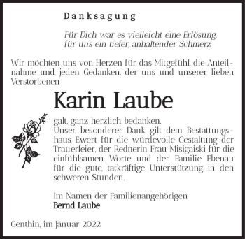Traueranzeige von Karin Laube  von Magdeburger Volksstimme