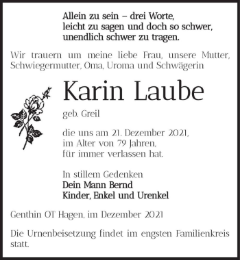 Traueranzeige von Karin Laube (geb. Greil)  von Magdeburger Volksstimme