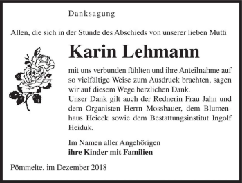 Traueranzeige von Karin Lehmann  von Magdeburger Volksstimme