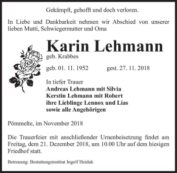 Traueranzeige von Karin Lehmann (geb. Krabbes)  von Magdeburger Volksstimme