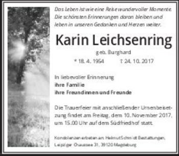 Traueranzeige von Karin Leichsenring (geb. Burghard)  von Magdeburger Volksstimme