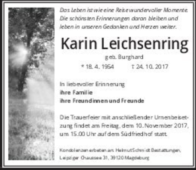  Traueranzeige für Karin Leichsenring (geb. Burghard)  vom 04.11.2017 aus Magdeburger Volksstimme