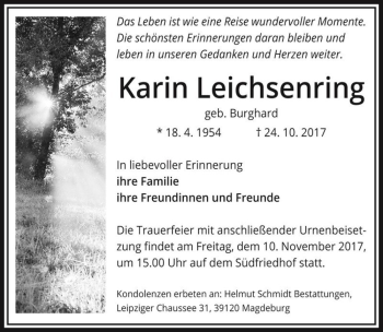 Traueranzeige von Karin Leichsenring (geb. Burghard)  von Magdeburger Volksstimme