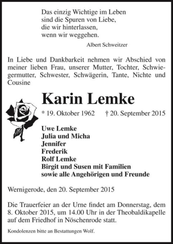Traueranzeige von Karin Lemke  von Magdeburger Volksstimme