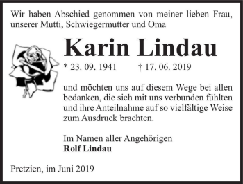 Traueranzeige von Karin Lindau  von Magdeburger Volksstimme