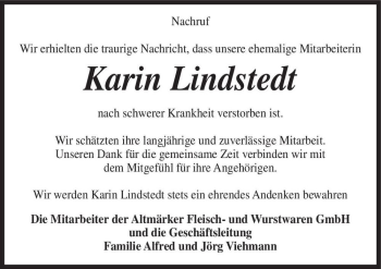 Traueranzeige von Karin Lindstedt  von Magdeburger Volksstimme