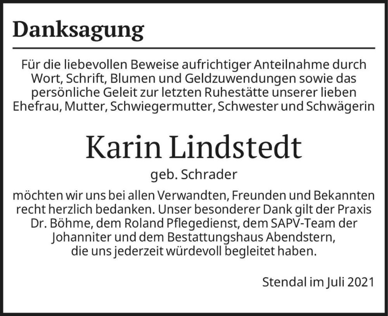  Traueranzeige für Karin Lindstedt (geb. Schrader)  vom 31.07.2021 aus Magdeburger Volksstimme