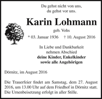 Traueranzeige von Karin Lohmann (geb. Vohs)  von Magdeburger Volksstimme