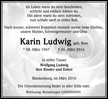 Traueranzeige von Karin Ludwig (geb. Buss)  von Magdeburger Volksstimme