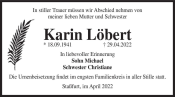 Traueranzeige von Karin Löbert  von Magdeburger Volksstimme
