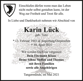 Traueranzeige von Karin Lück (geb. Tietz)  von Magdeburger Volksstimme