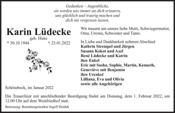 Traueranzeige von Karin Lüdecke (geb. Hinte)  von Magdeburger Volksstimme
