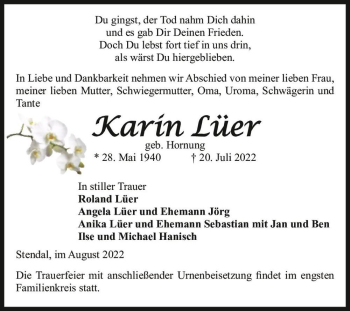Traueranzeige von Karin Lüer (geb. Hornung)  von Magdeburger Volksstimme