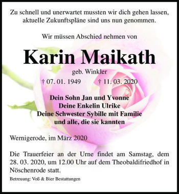 Traueranzeige von Karin Maikath (geb. Winkler)  von Magdeburger Volksstimme