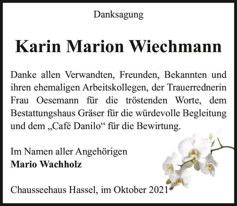  Traueranzeige für Karin Marion Wiechmann  vom 09.10.2021 aus Magdeburger Volksstimme