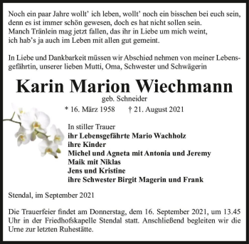 Traueranzeige von Karin Marion Wiechmann (geb. Schneider)  von Magdeburger Volksstimme