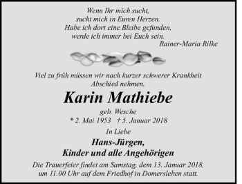 Traueranzeige von Karin Mathiebe (geb. Wesche)  von Magdeburger Volksstimme