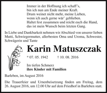 Traueranzeige von Karin Matuszczak  von Magdeburger Volksstimme