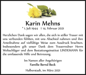 Traueranzeige von Karin Mehns  von Magdeburger Volksstimme