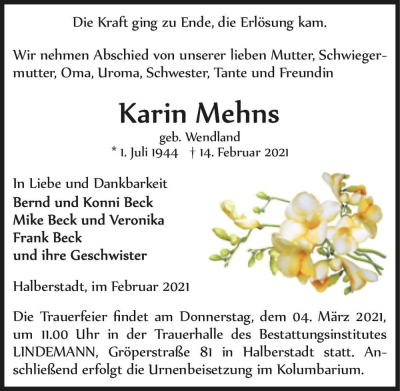  Traueranzeige für Karin Mehns (geb. Wendland)  vom 27.02.2021 aus Magdeburger Volksstimme