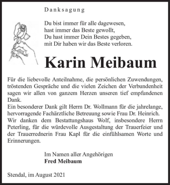 Traueranzeige von Karin Meibaum  von Magdeburger Volksstimme