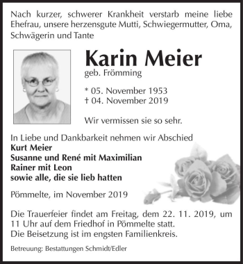 Traueranzeige von Karin Meier (geb. Frömming)  von Magdeburger Volksstimme