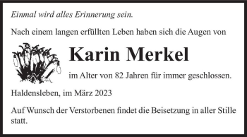 Traueranzeige von Karin Merkel  von Magdeburger Volksstimme