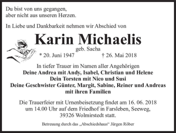 Traueranzeige von Karin Michaelis (geb. Sacha)  von Magdeburger Volksstimme